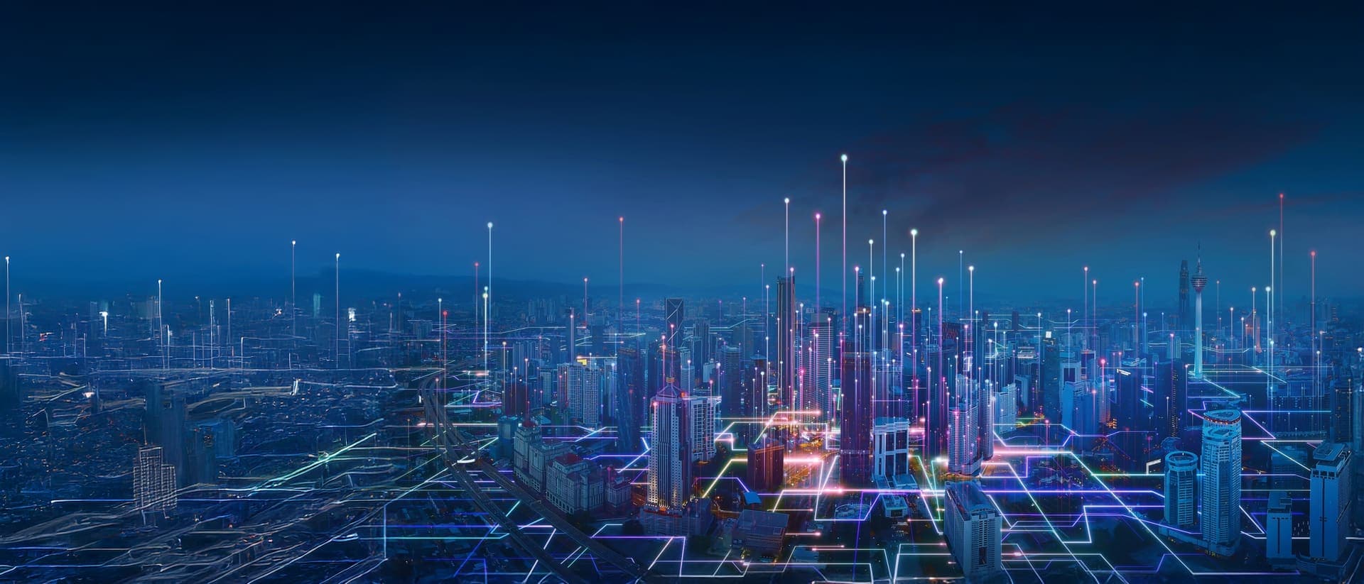 Futuristisch stadsbeeld met netwerkverbindingen en digitale lichtstralen