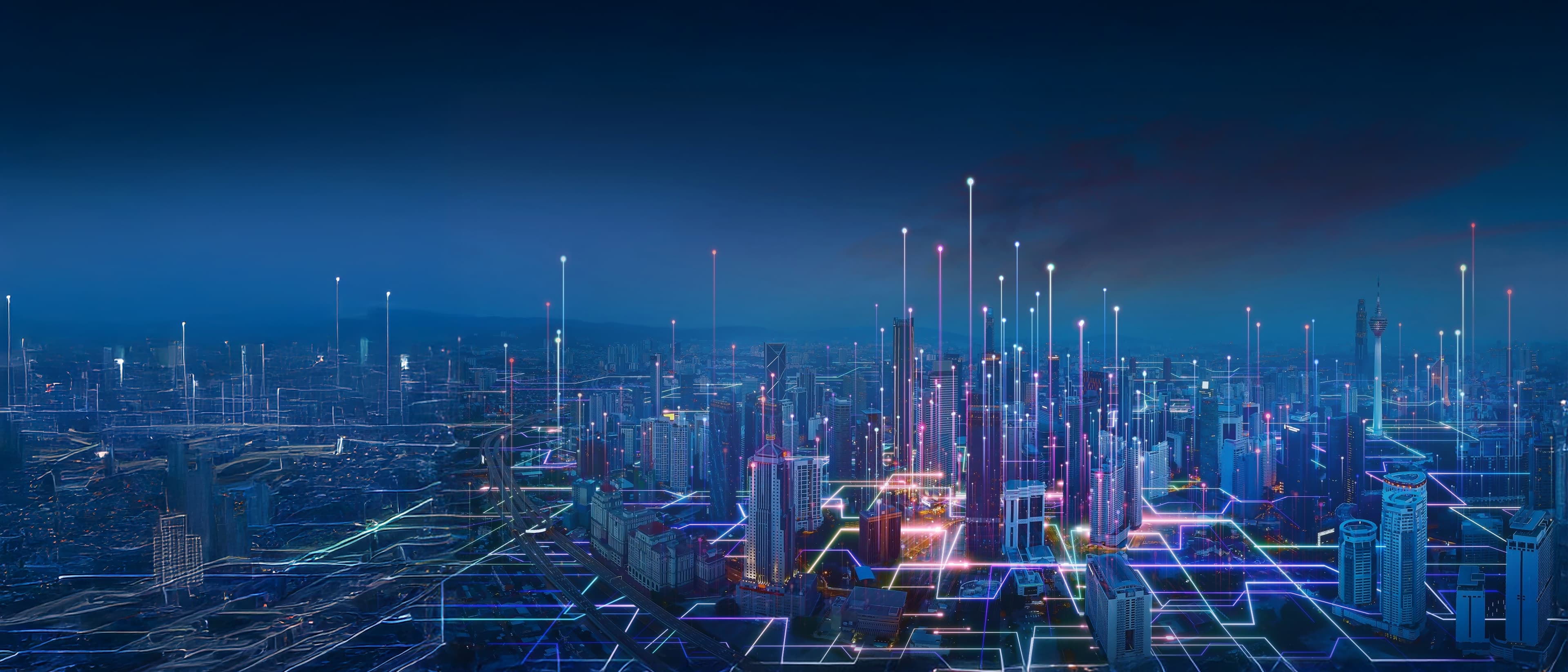 Futuristisch stadsbeeld met netwerkverbindingen en digitale lichtstralen