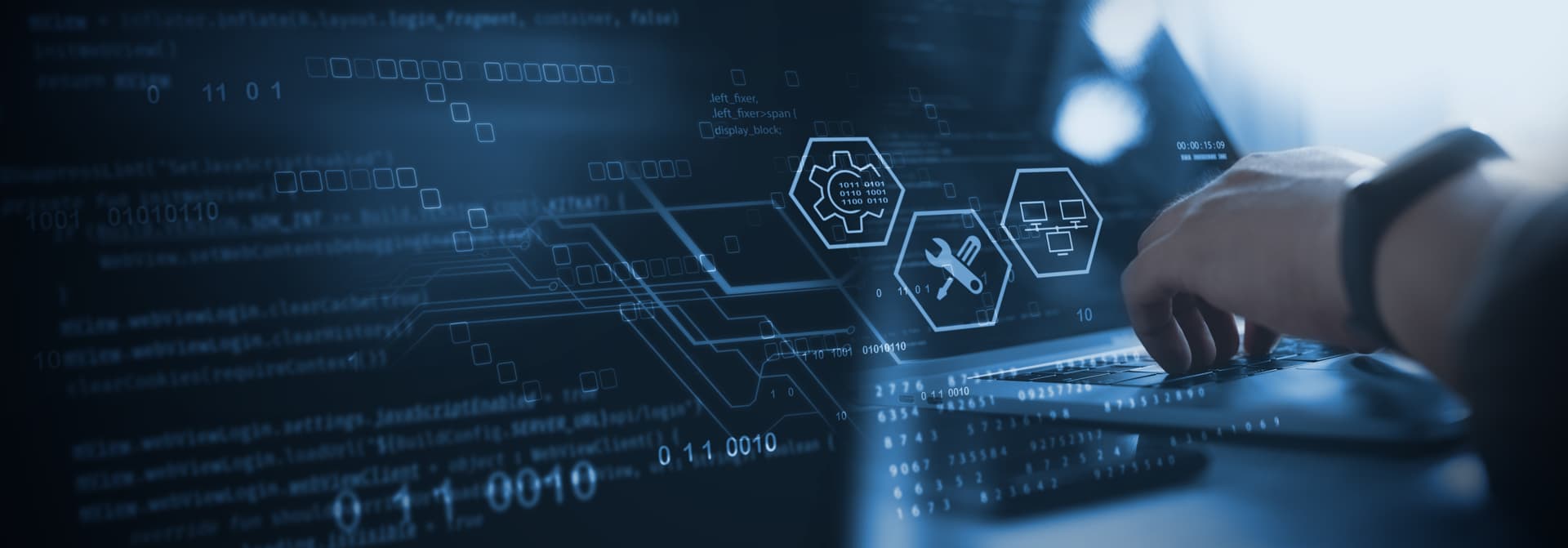 Handen op laptop met digitale netwerkvisualisatie