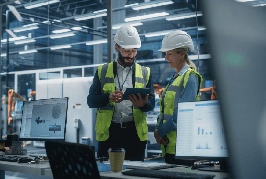 Technicians in safety gear reviewing a tablet in a production environment