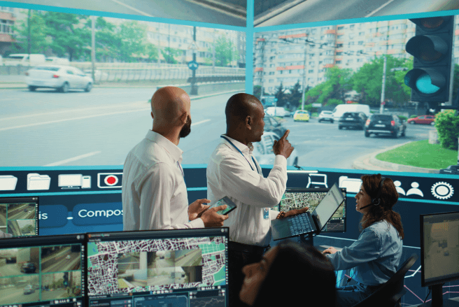 Staff in a control room monitoring traffic cameras and data